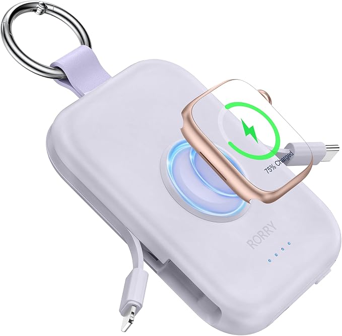 RORRY CharmGo Portable Charger, 5000mAh Portable Charger Power Bank | Built-in Cables,Travel Keychain Battery Pack Essentions for Apple Watch 1~11 Series/Ultra/SE & iPhone Air/17/16/15/14/13/12 by RORRY
