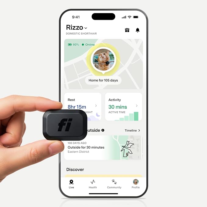 Fi Mini Attachable GPS + Activity Tracker for Cats, 6-Month Membership | Smart GPS collar attachment with virtual fences, escape alerts, health and step tracking. Lightweight and waterproof. by FiSmartCollar