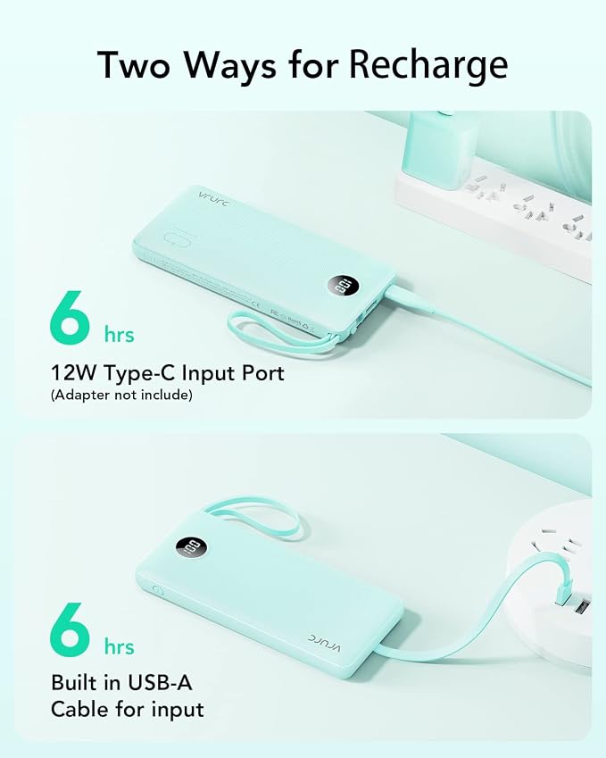 VRURC Power Bank with Built-in Cables,USB C Portable Charger for iPhone | 10000mAh Slim Charging Bank with Lanyard, Perfect for Travel, Work, School and Daily Carry-Green - Image 6