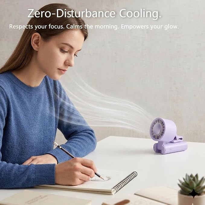 fygurso Personal Portable Clip-on Handheld Fan Rechargeable, Purple | Neck-Crossbody fit lanyard. Detachable clip. 10H battery. LED monitor. 5-Speed from 30dB low noise to 10000rpm blast. - Image 6