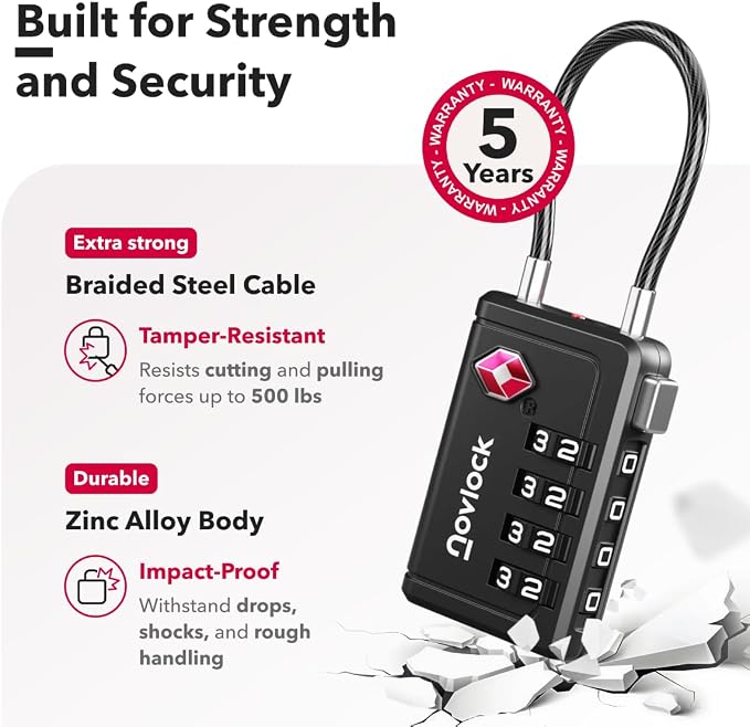 TSA Approved Luggage Locks, Travel Locks with Inspection Indicator | TSA008, Easy to Read Dials, 4 Digit Combination, Flexible Steel Cable, for Suitcases, Backpacks, Bags, 1-Pack, Black - Image 4
