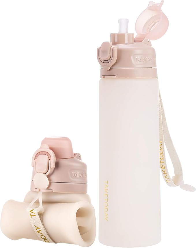 TakeToday Collapsible Water Bottles 21oz (600mL), Foldable Platinum Silicone Travel Water Bottle with Straw & Carry Strap, Leak-Resistant Screw Lid, Wide Mouth, BPA-Free for Hiking, Camping, Travel by TAKETODAY
