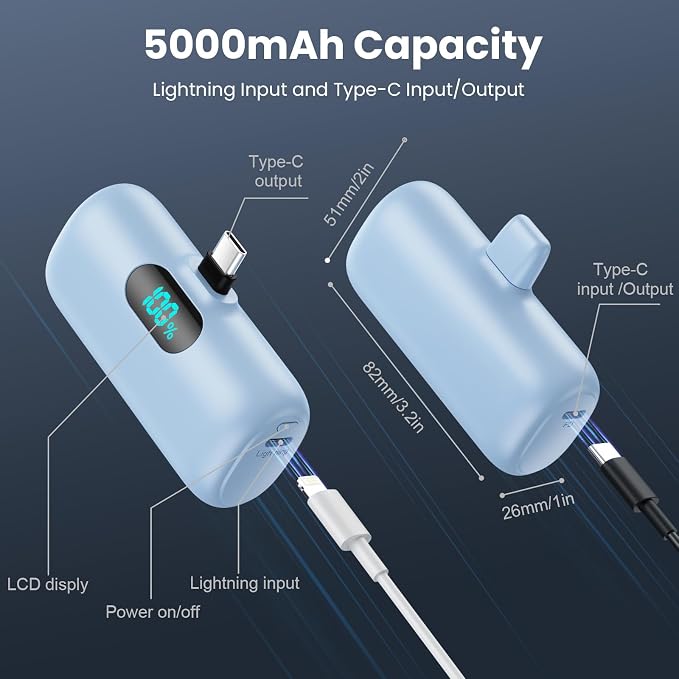 [2-Pack] Mini Portable Charger 5000mAh Power Bank,3A PD USB C Cell Phone Portable Power, LCD Display Battery Pack Compatible with iPhone 17/17 Air/16/16 pro/15/15 pro Max/Android/Samsung/Moto/LG etc - Image 5