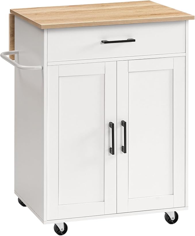 MAHANCRIS Kitchen Island on Wheels with Drop Leaf, Folding Countertop Kitchen Island Cart, Kitchen Island Table with Towel Rack, Drawer, for Kitchen, Dining Room, White and Natural KINW12501 - Image 9