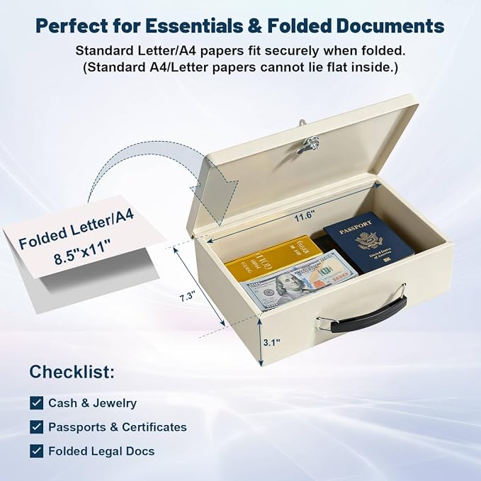 KYODOLED Fireproof Document Box with Key Lock, Small Safe Box for Valuables, Fire and Water Resistance, Fireproof Lock Box for Passport, Cash, Tablet, Exterior 12.6'' x 8.3'' x 3.58'' Beige - Image 5
