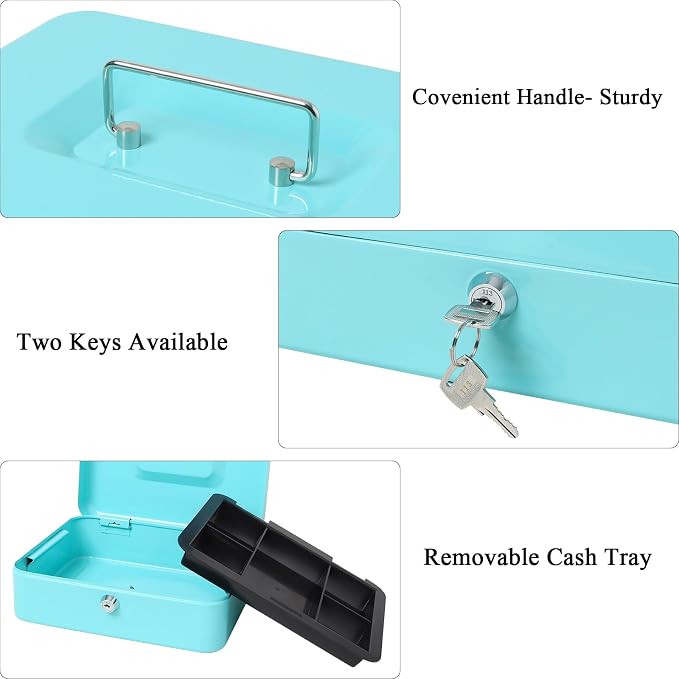 Jssmst Cash Box with Money Tray and Lock - Light Blue Money Saving Box for Cash Coins, Small Lock Box for Medication Personal Items, 9.84'' x 7.87'' x 3.46'', Light Blue - Image 4