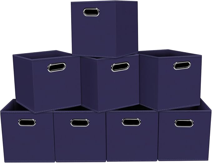 Fabric storage bins Cubes, Fabric Cube Organizer with Handle, Foldable Cube Bins for Cloth or Accessary Storage, 11x11x11, Set of 8, (Navy Blue) by Yunkeeper