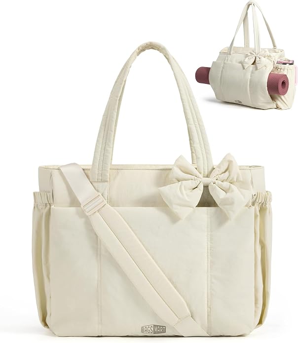 BAGSMART Crush Bow Tote Bag for Women, Puffer Travel Work Yoga Laptop Bag | Large Bow Tote Fits 40oz Tumbler, 15.6" Laptop, Yoga Mat Sleeve, Waterproof Pocket, Travel Work Swim Gym Mom Shoulder Handbag by BAGSMART