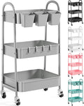 3 Tier Gray Metal Rolling Cart, Storage Cart with Handle & Lockable Wheels | Multifunctional Three Tiered Utility Organizer Carts for Kitchen, Office, Bathroom, Craft, Art,Snack,Baby Supplies,Mesh Shelf by Recximi