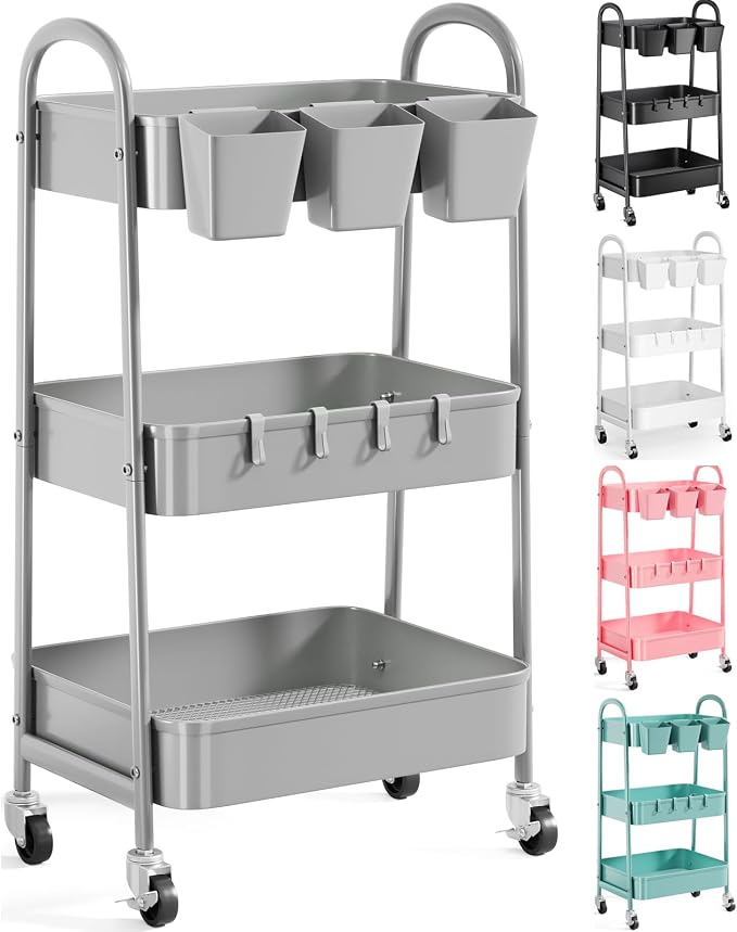 3 Tier Gray Metal Rolling Cart, Storage Cart with Handle & Lockable Wheels | Multifunctional Three Tiered Utility Organizer Carts for Kitchen, Office, Bathroom, Craft, Art,Snack,Baby Supplies,Mesh Shelf by Recximi