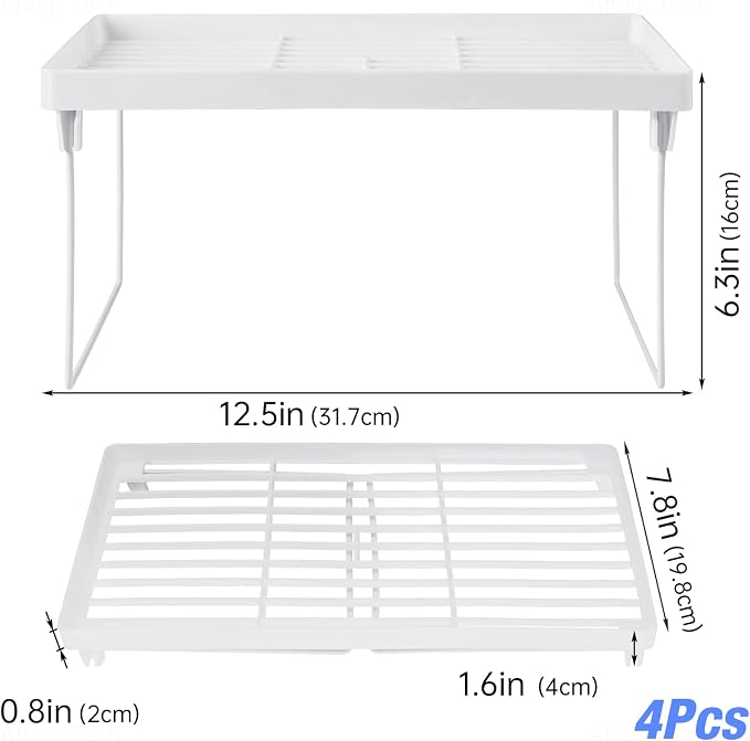 NiHome 4-Pack Stackable Plastic Kitchen Storage Shelf Foldable Rack, White | Stackable Kitchen Cabinet Organizer and Storage Shelves, Expandable Storage Racks for Counter Cabinet Pantry - Image 6