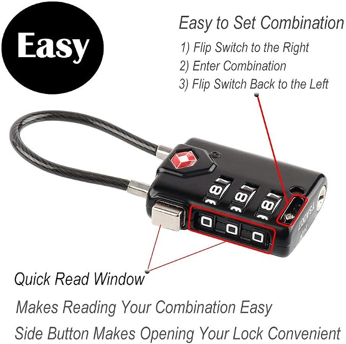 SURE LOCK TSA Approved Luggage Locks with Open Alert Indicator, 3 Digit Combination Cable Travel Lock for Suitcase, Backpack, Gym Locker, Toolbox & Travel Bag(Black 6 Pack - Image 5