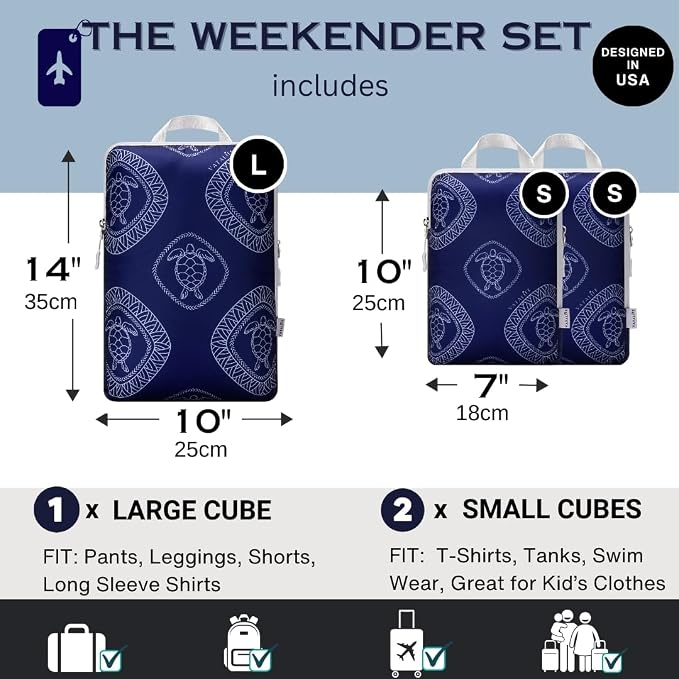 Space Saving Compression Packing Cubes for Kids & Women, Organizer Bags for Kids & Adults, Diaper Bag Organizer Set, Packing Cubes for Travel 3pc Set - Blue Turtle - Image 3