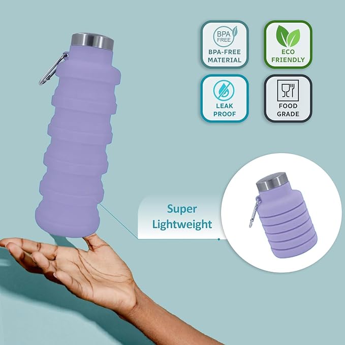 Collapsible Water Bottles 17oz, Odorless BPA-Free Silicone, Leak-Proof Foldable Reusable Bottle - Perfect for Travel Sports Gym Hiking Camping Cycling - Lavender - Image 4