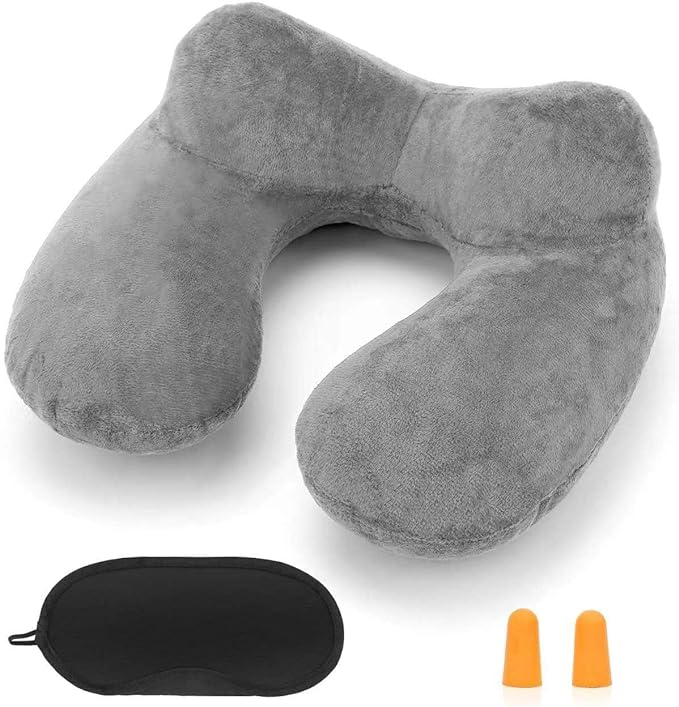 Inflatable Travel Pillow for Airplane Inflatable Neck Pillow for Traveling with Soft Velvet Washable Cover for Sleeping, Airplane,Train, Car, Office, Contoured Eye Masks, Earplugs by HITSZS