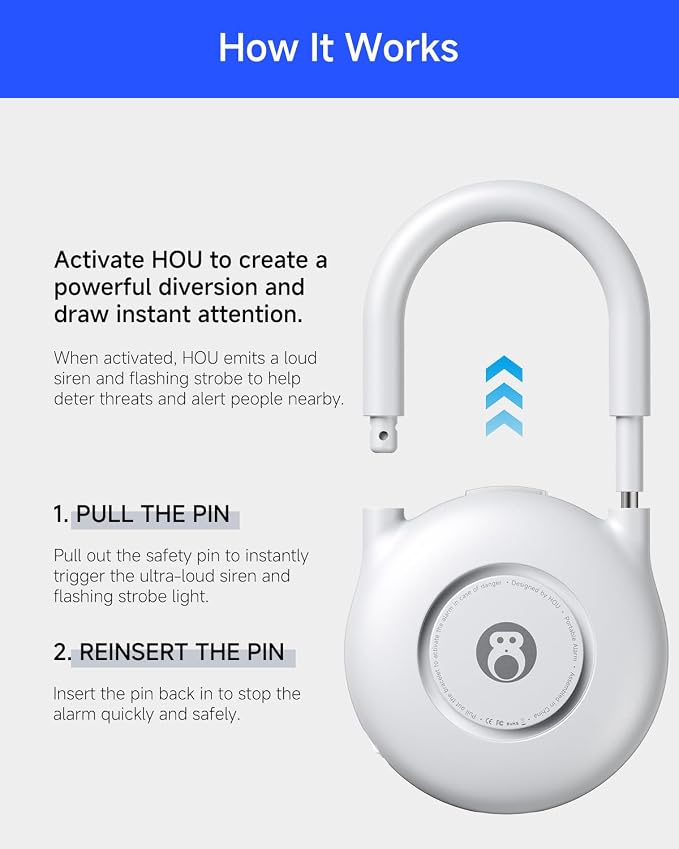 HOU 130dB Personal Alarms for Women – USB-C Rechargeable Self Defense Alarm Keychain with Strobe Light – Loud Personal Safety Alarm for Students & Jogging – Safe for Seniors, White - Image 3