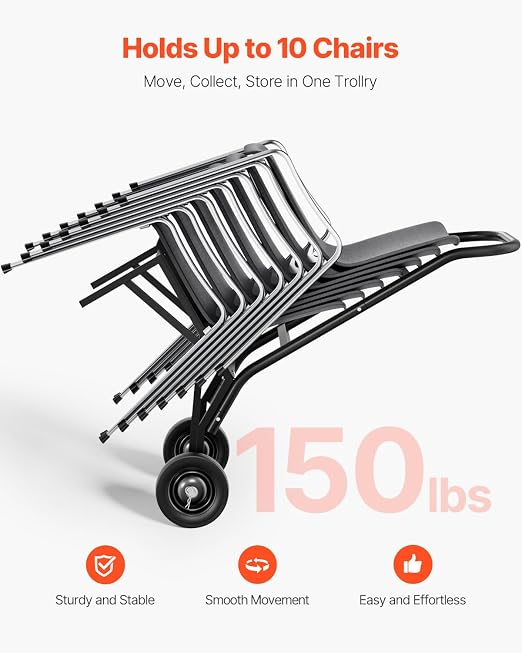 VEVOR Folding Chair Rack, 150 LBS Capacity, Heavy-Duty Chair Cart for Stacking 10 Chairs, Multi-Function Metal Chair Storage Dolly with Rubber Wheels, Push-Style Chair Holder, Matte Black - Image 2