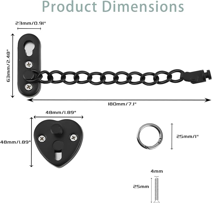 Alise Door Chain Lock, Matte Black Adjustable Child Proof Security Door Lock for Apartment | Stainless Steel Chain Door Lock,Heart-Shaped Design Press-To-Unlock Heavy Duty Chain Lock For Barn Bedroom & Travel - Image 2
