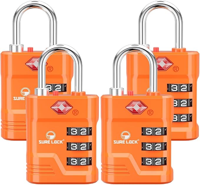 SURE LOCK TSA Approved Luggage Lock – 3-Digit Resettable Combination Padlock with Open Alert Red Dot, Large Easy-Read Dials for Suitcases, Backpacks, Gym & School Lockers(Orange 4 pk) by Hopeyoucanstaysafe
