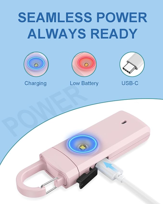 Rechargeable Personal Safety Alarm for Women, Loud Siren Birdie Sound, Strobe SOS LED Light, USB Charging, Be Safe with Personal Alarm Self Defense Keychain for Wife, Daughter, Student (PINK) - Image 5