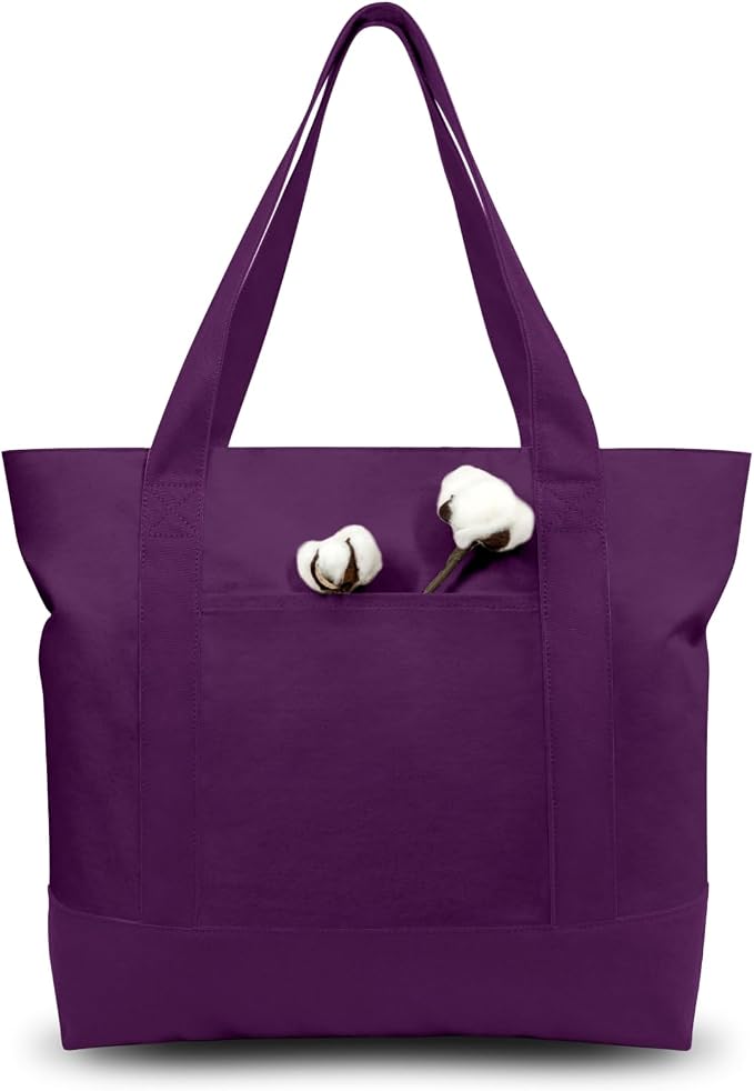 TOPDesign 3-Pack Canvas Tote Bags with an External Pocket, Reusable Grocery Shopping Bags, Top Zipper Closure, Daily Essentials (Purple) by TOPDesign
