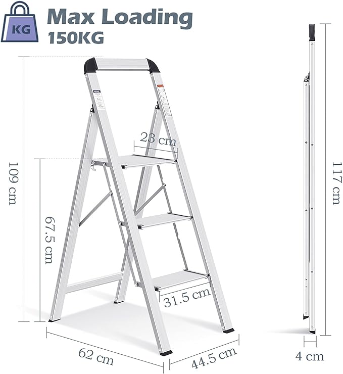 KINGRACK Aluminium 3 Step Ladder, Lightweight Step Stool with Non-Slip Pedals, Handrail, 330 LBS Foldable Step Ladder for Kitchen, Garage, Home, Space Saving, Sturdy and Portable, Silver - Image 4