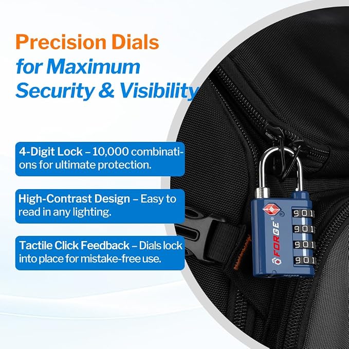 Forge Dual-Opening: Key or Combination Lock, TSA Approved Lock for Luggage, Pelican case, Travel, Gym, School, Luggage Combination Lock, Travel Bag Lock (Blue 4 Pk) - Image 6
