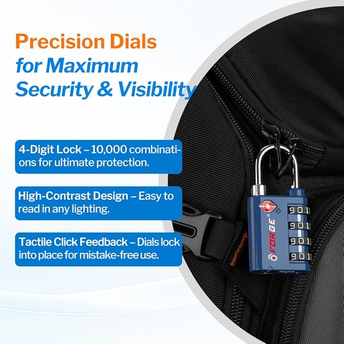 Forge Dual-Opening: Key or Combination Lock, TSA Approved Lock for Luggage, Pelican case, Travel, Gym, School, Luggage Combination Lock, Travel Bag Lock (Blue 2 Pk) - Image 4