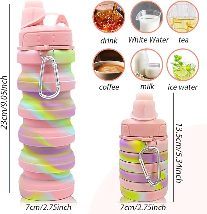 Silicone Collapsible Sports Water Bottles 500ml 16oz,Leak proof Twist Cap BPA Free Retractable for Home Outdoor,Biking,Hiking Portable Water Bottle Cups(1#Pink) - Image 2