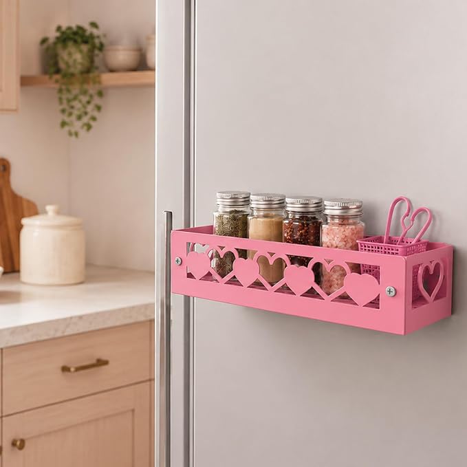 OYEFLY Pink Heart Magnetic Spice Rack for Refrigerator, Metal Magnetic Shelf Basket, Cute Fridge Organizer and Storage, Pink Kitchen Accessories for Spice Storage, Cabinet or Laundry Room (1) - Image 6