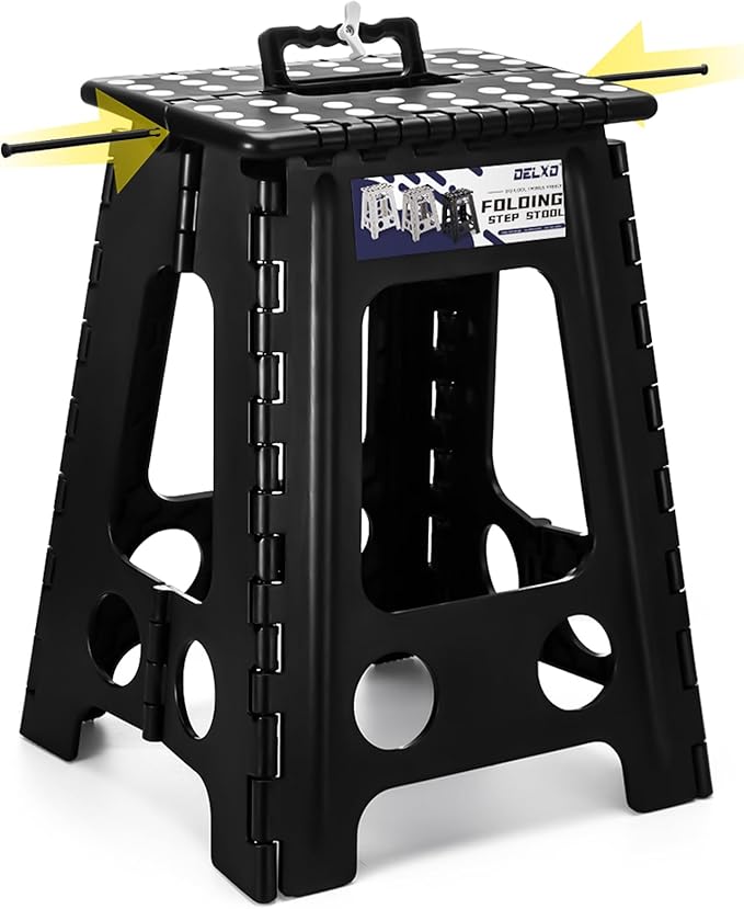 Delxo 17.5 Inch Folding Step Stool,Foldable Stool for Adults with Safety Lock,Portable Collapsible Plastic Step Stool,Non Slip Folding Stools for Kitchen Bathroom Bedroom Up to 400LBS,(Black 1PC) | Step Stool with Safety Lock,Portable Collapsible Step ... by Delxo