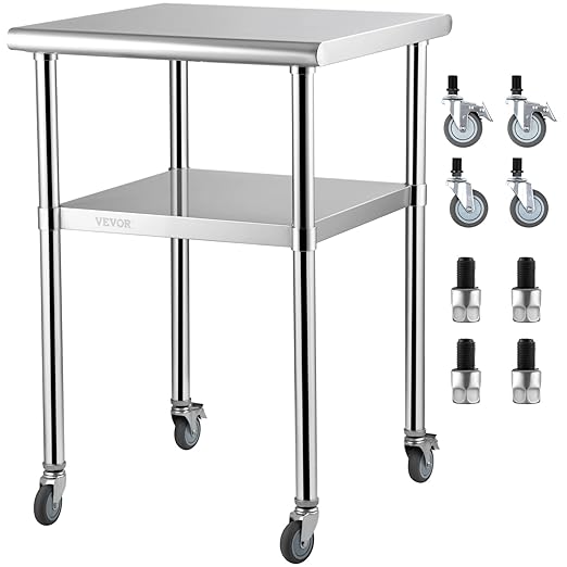 VEVOR Stainless Steel Prep Table, 24 x 24 x 33.5 Inch, 600lbs Load Capacity Heavy Duty Metal Worktable with Adjustable Undershelf & Universal Wheels, Commercial Workstation for Kitchen Garage Backyard by VEVOR