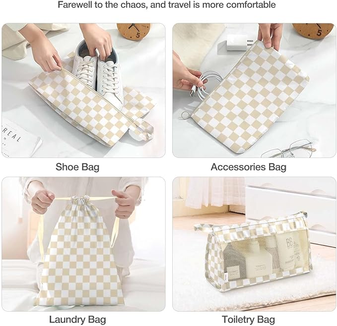 8 Set Packing Cubes for Suitcases,Packing Cube with Shoe, Cosmetics, Clothing, and Accessories Bags Packing Cubes for Travel Luggage Organizer Women Men(Khaki Checkered) - Image 5