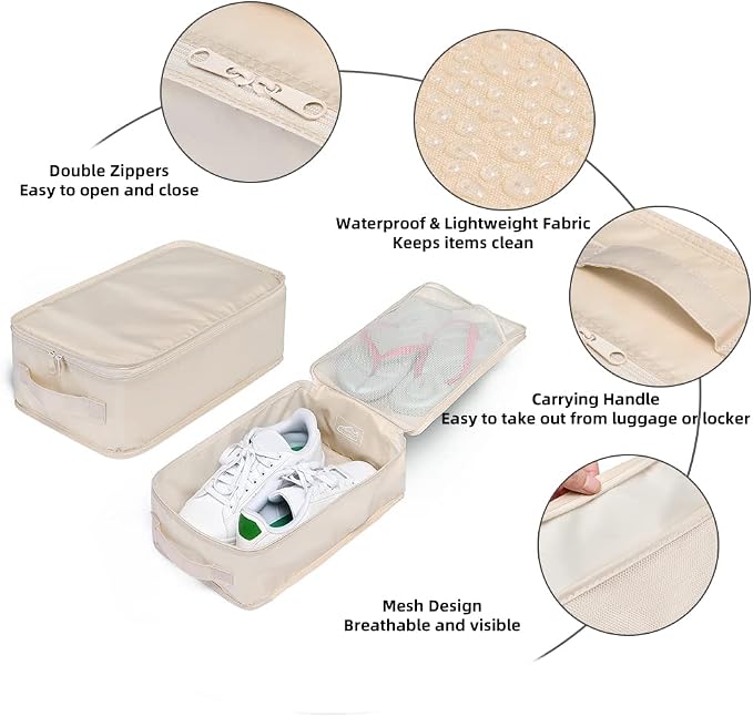 Travel Shoe Bags, Foldable Waterproof Shoe Pouches Organizer-Double Layer (4 Cream Shoe Bag) - Image 3