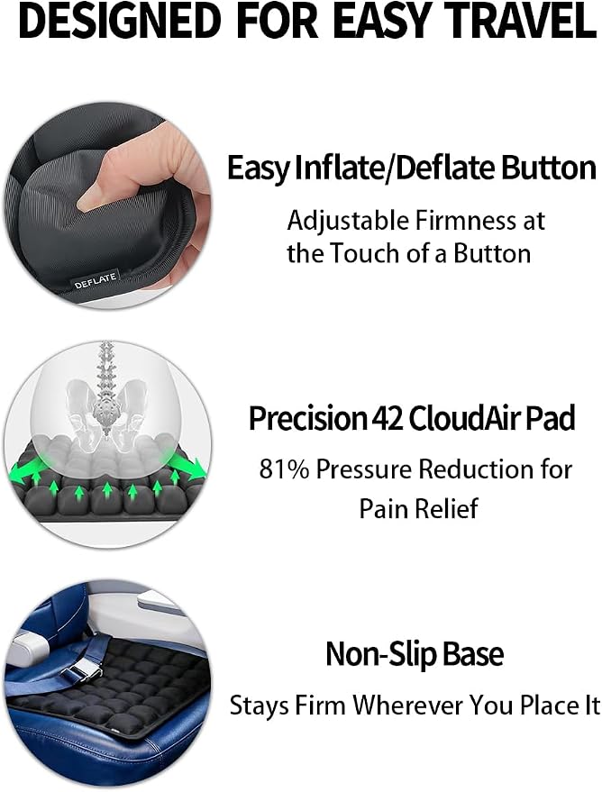 2PCS Soundur Travel Cushion Airplane Seat,Inflatable Air Bubble Design with Storage Bag for Car/Office/Kitchen Chairs.42 Air Cells, Adjustable Firmness, Non-Slip Bottom (2) - Image 5