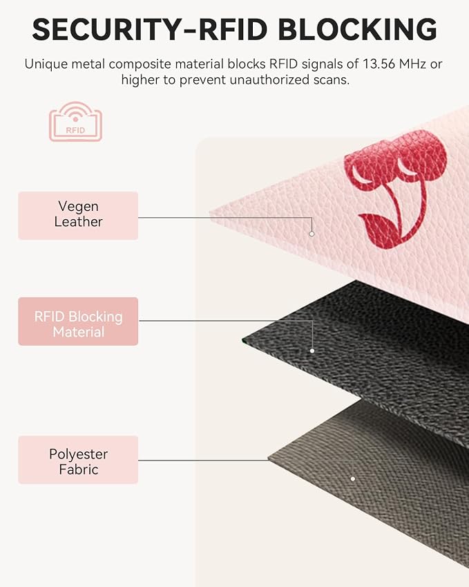 BOSTANTEN Credit Card Holder Small RFID Wallet Women with Keychain Wristlet | Compact, Accordion Design, Easy Organization, Fits Small Purses, Pebble Leather, Perfect Gifts, Cherry Print - Image 5
