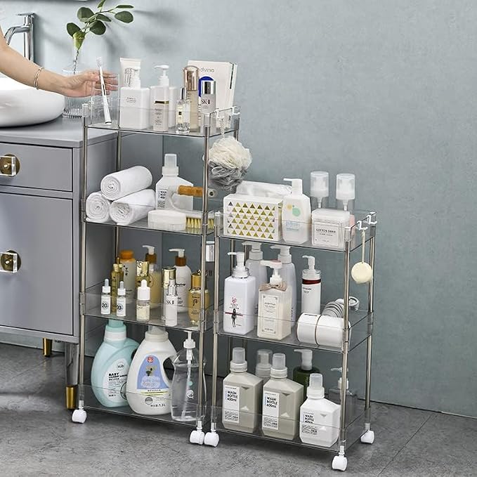 Chris.W Slim Storage Cart 3 Tier with Wheels, Clear Bathroom Cart Organizer, Mobile Shelving Unit Rolling Utility Cart, Slide Out Organizer for Kitchen, Bathroom, Laundry, Narrow Places, Office 5.2" W - Image 2