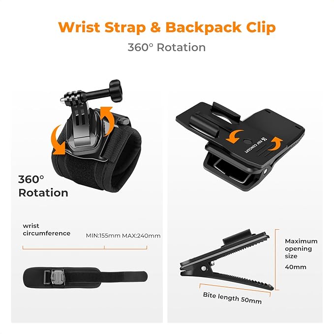 K&F CONCEPT Action Camera Accessories Set for GoPro Hero 13-4 Mission 1 Pro | Chest Mount Harness+Backpack Clip+360° Rotating Head Strap +Wrist Strap for DJI Osmo Action/Pocket 4/3/Insta360 X5/X4, TW06 - Image 5
