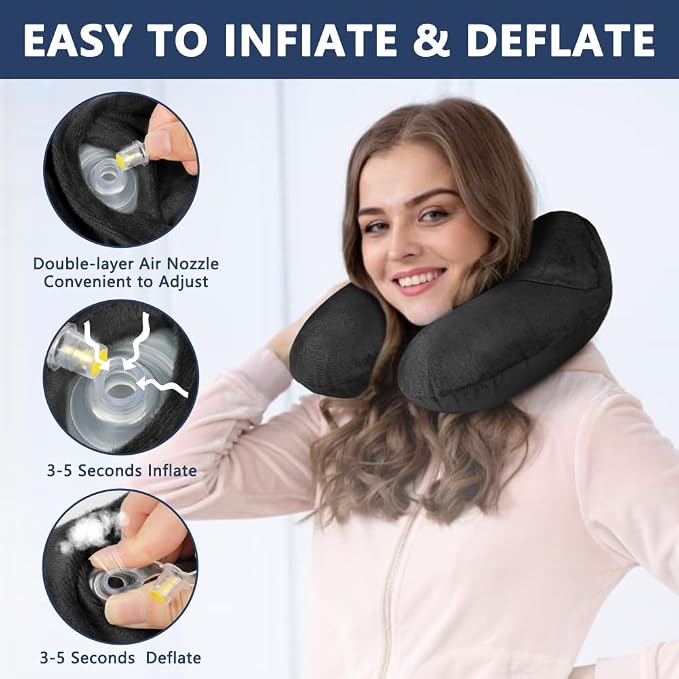 flintronic Inflatable Travel Pillow, Inflatable Travel Pillow for Airplane, Soft Velvet Neck Support, Lightweight Ergonomic Sleeping Neck Pillow for Airplane, Train, Car, Office -Black - Image 5