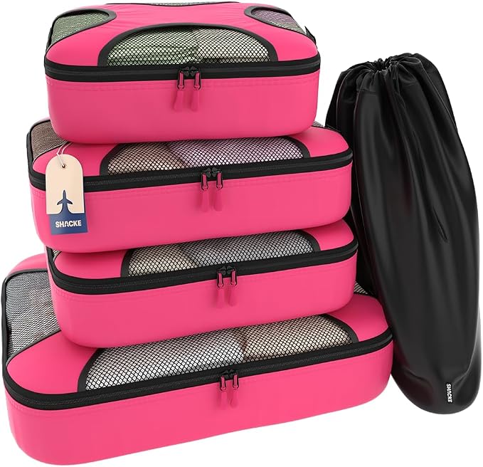 Shacke 5 Set Packing Cubes for Travel with Laundry Bag (Precious Pink) | Suitcase Organizer Bags Set: 4 Water-Resistant Luggage Cubes, XL to Small, + Laundry Bag for Carry-On or Checked by Shacke