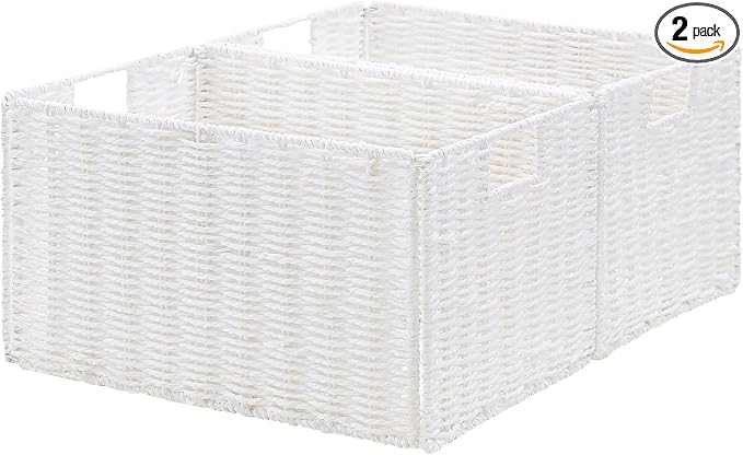 Wicker Storage Basket, Set of 2 Hand-Woven Paper Rope Wicker Basket, Small Storage Baskets for Organizing Toilet Paper Basket, Foldable Large Cube Storage Organizer Bins for Shelves (White) by Vagusicc
