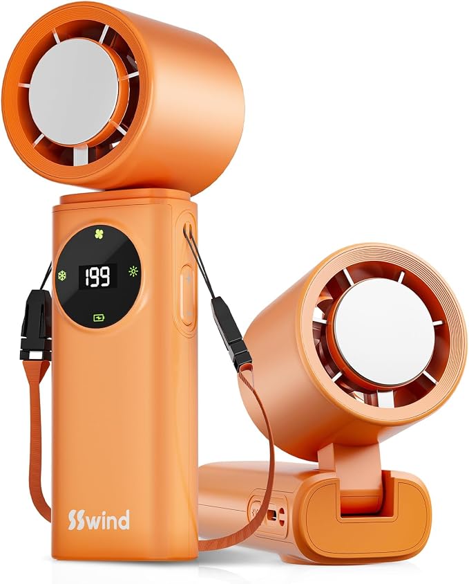 6000mAh Portable Handheld Fan with Ice Cooling, 199 Levels Stepless Speed, 20H Long Battery Life, 20000RPM Turbo Fan Rechargeable Personal Mini Fan for Travel, Outdoor, Makeup (Orange) by SSWind