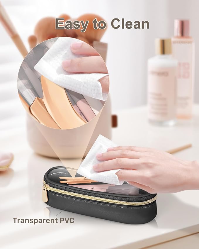 Soimeat Clear Travel Makeup Brush Holder, Leather Makeup Brush Toiletry Bag, Portable Cosmetic Brush Case, Transparent Waterproof Makeup Brush Storage Bag, Black - Image 4