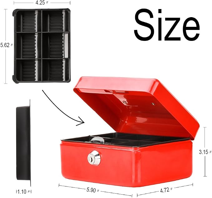 Decaller Small Cash Box with Key Lock, Double Layer Metal Money Box for Home Security, Portable Locking Box, 5.9" x 4.7" x 3.2", Red - Image 3
