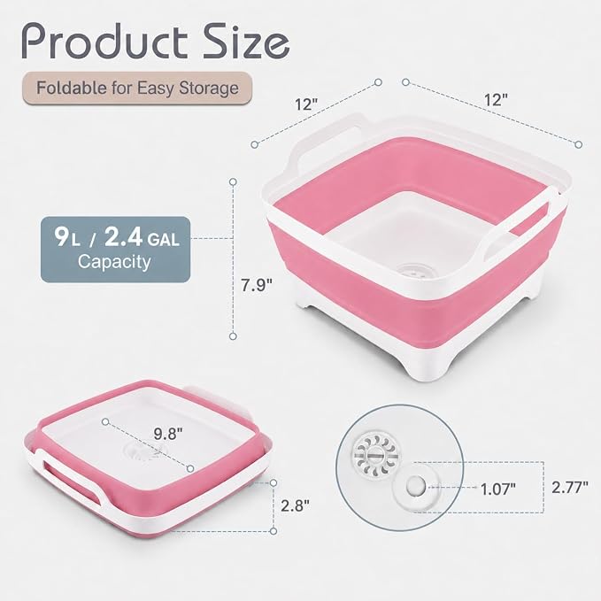 2.4 Gal(9L) Collapsible Dish Basin with Drain Plug, Space Saving Outdoor Multiuse Foldable Sink Tub, Dishpan, Kitchen Storage Tray for Camping, Vegetable Washing, RV (Pink) - Image 2