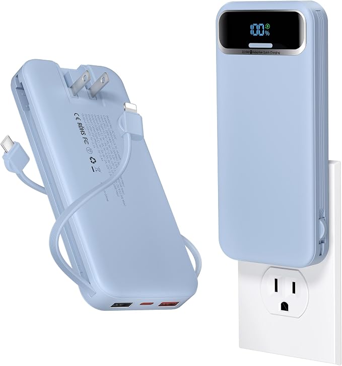 aonidi Portable Charger 12000mAh with Built-in Cables&AC Wall Plug, Blue | PD20W USB C Fast Charging,LED Display External Travel Power Bank,TSA approved Battery Pack for All iPhone,Samsung,Android by AONIDI