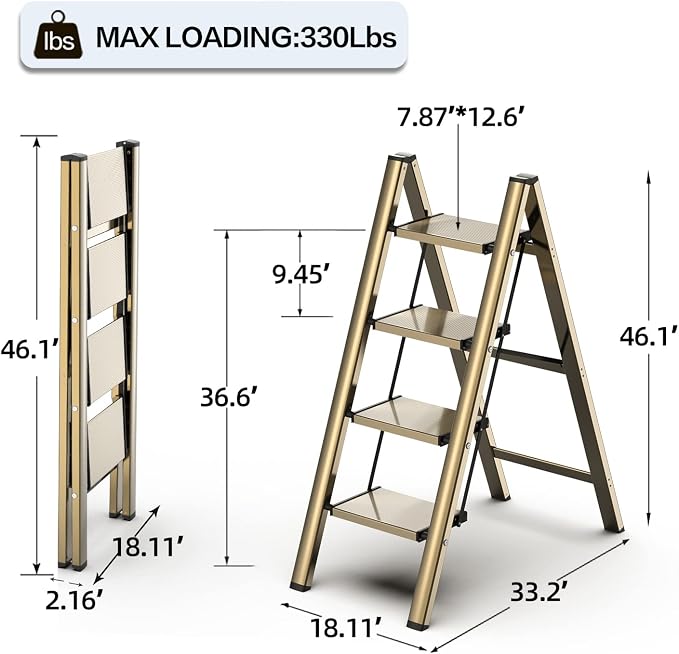 4 Step Ladder, Folding Step Stool with Anti-Slip Wide Pedal | Lightweight, Aluminum Material, 330LBS Load, Portable, Easy Storage, Space Saving, for Kitchen, Bedroom Use, Gold - Image 5