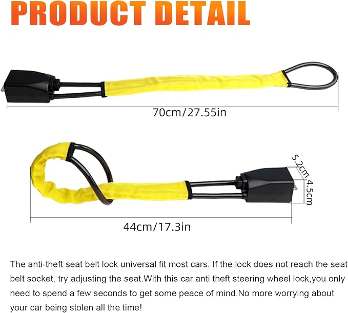 DualGuard Car Steering Wheel & Seat Belt Lock - 17" Universal Anti-Theft Device for Vehicles, SUVs, Golf Carts | Compact & Lightweight Security Lock with Multi-Function Keys (Yellow) - Image 4
