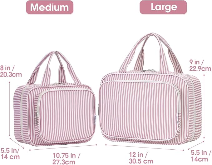 Narwey Striped Travel Toiletry Bag for Women Large Hanging Makeup Bag Organizer Toiletries Bag for Full Size Essentials Accessories Cosmetics (Dusty Pink Stripe (Large)) - Image 2
