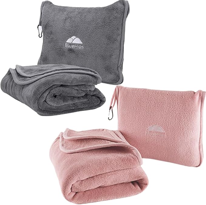 BlueHills Long Travel Blanket Pillows for Two Airplane Traveling Essentials Flight Throws in Bag case with Backpack Clip Compact Large Plane Accessories – Gray and Pink by BlueHills